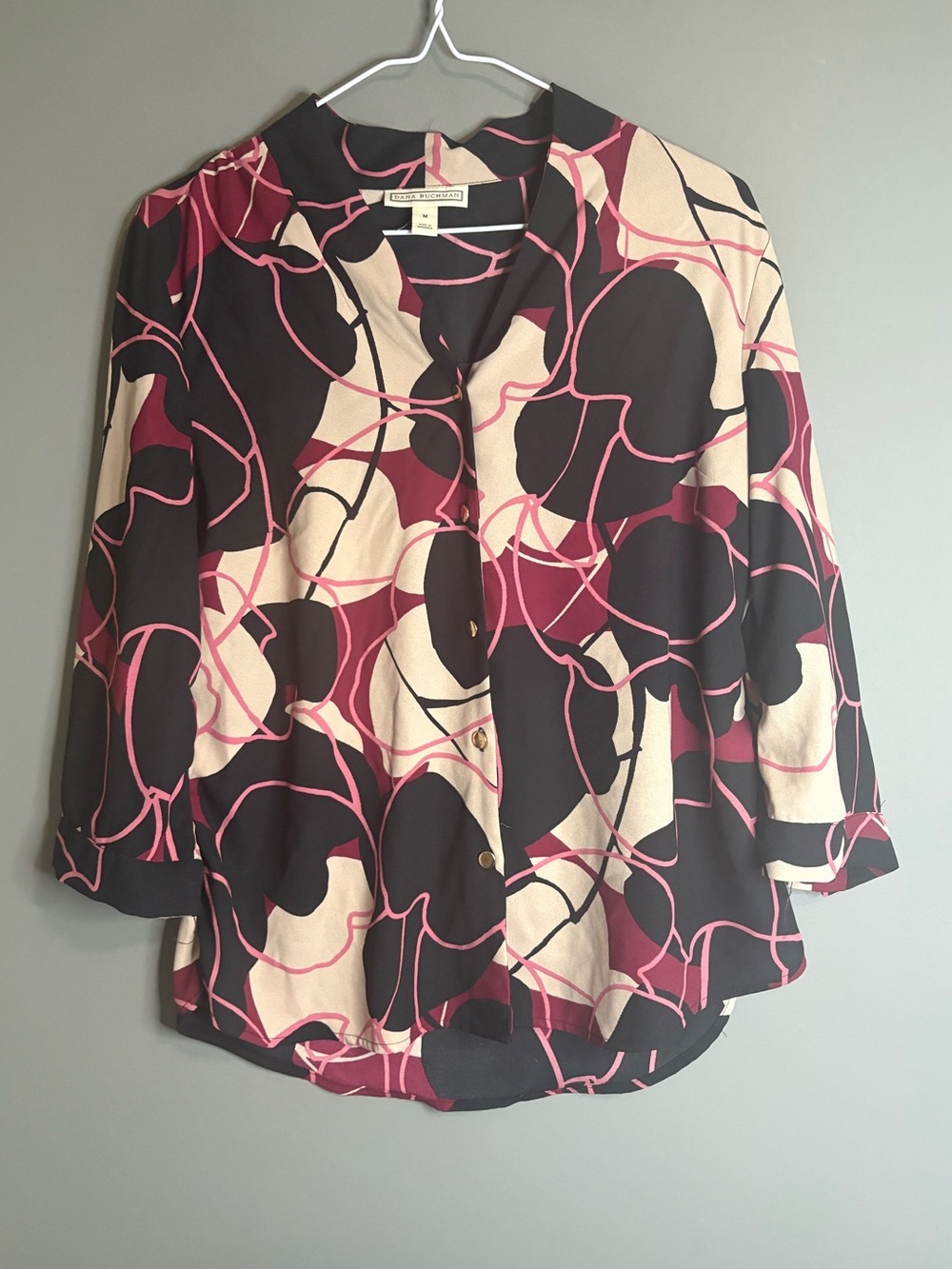 Dana Buchman Abstract Print Roll-Tab Blouse | Size Medium | Black Pink Cream - Picture 2 of 8